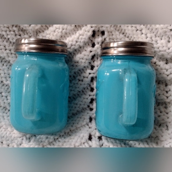 Mason Jar Light Blue Salt & Pepper Shakers With Handles  Shot Glass 4 oz - Picture 3 of 7